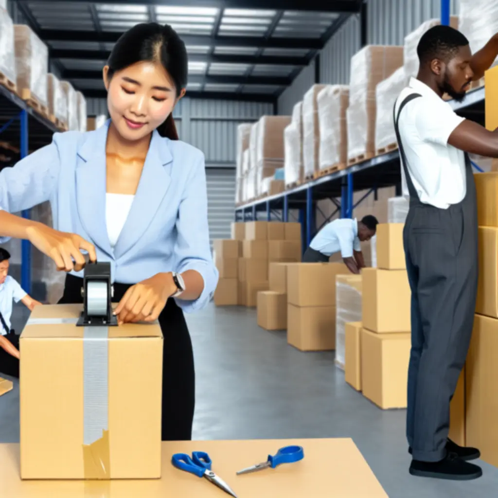 Medewerkers in een modern magazijn die verpakkingstape gebruiken aan de inpaktafel