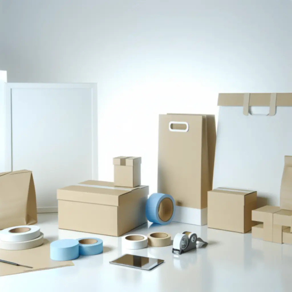 Strak uitgestalde verzenddozen, kraft tassen en tape in een moderne, zakelijke setting.