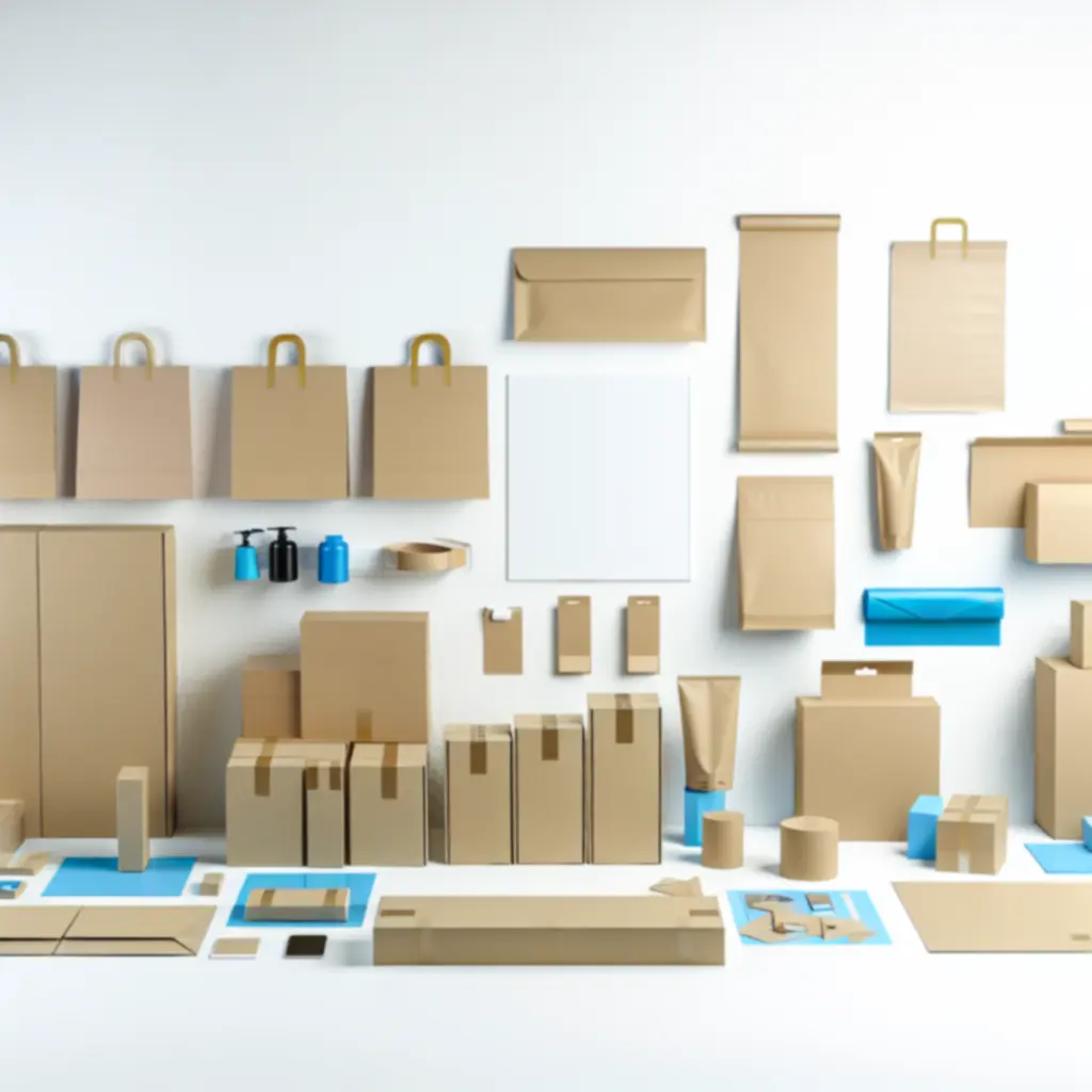 Overzicht van zakelijke draagtassen, kraftmaterialen en tape.